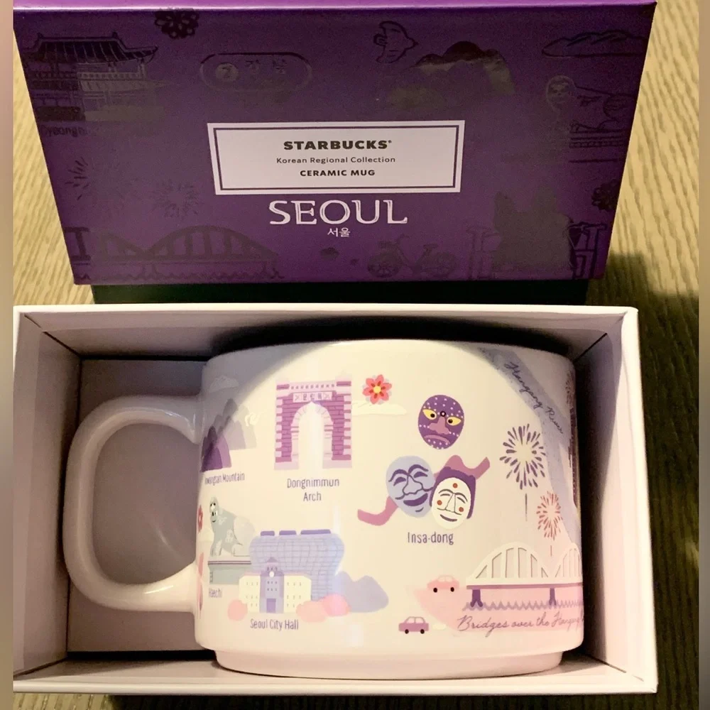 💜 Seoul, Starbucks Korea Mug w Purple & White. Featuring the popular landmarks
